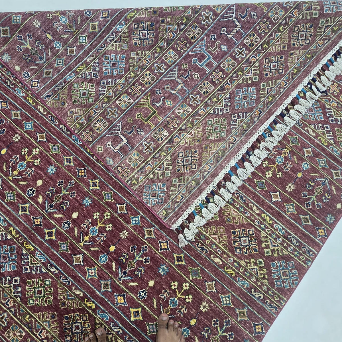 5.5x8 Red Khurjeen Rainbow Area Rug | Handmade Wool & Cotton Rug
