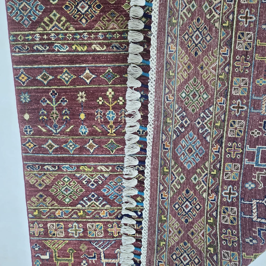 5.5x8 Red Khurjeen Rainbow Area Rug | Handmade Wool & Cotton Rug