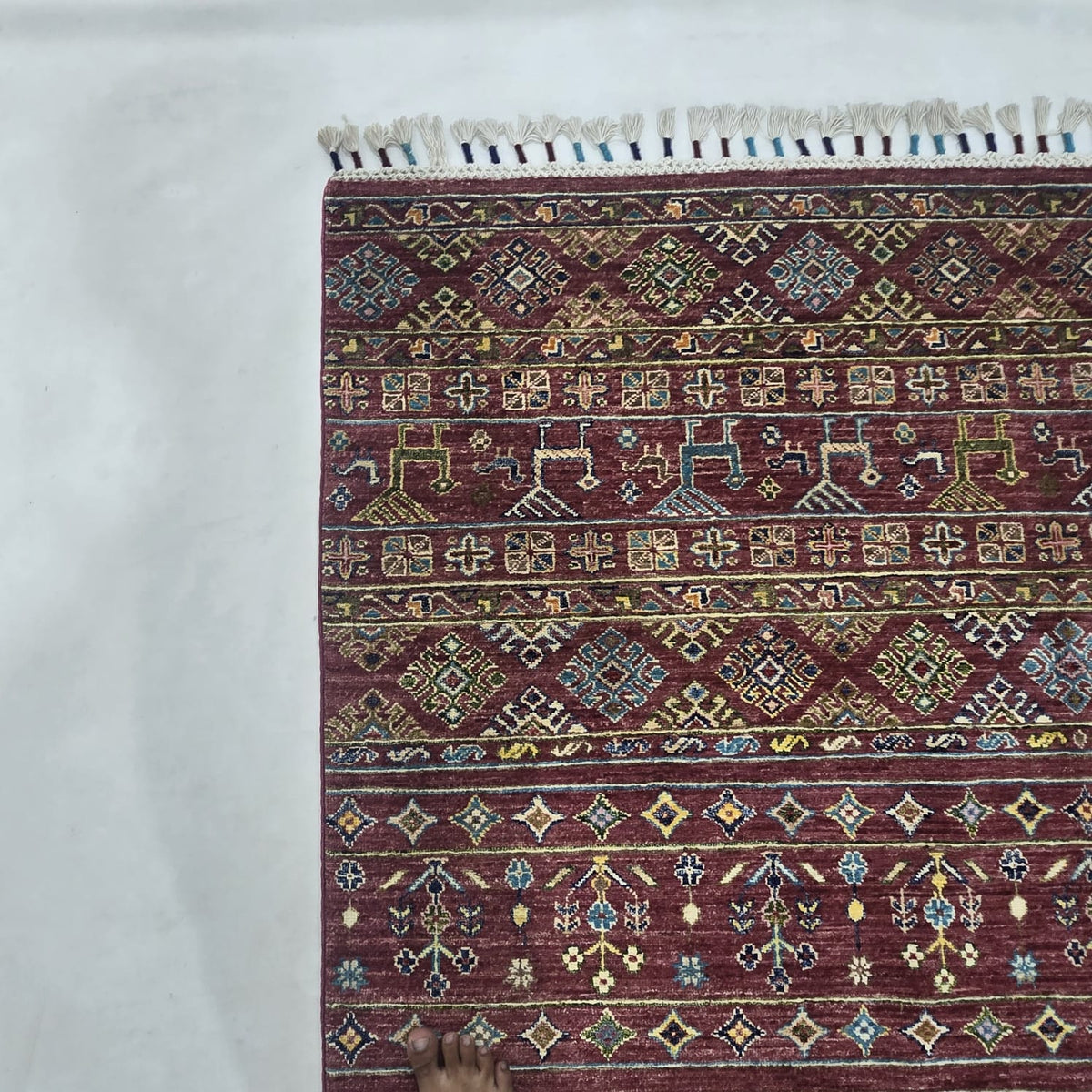 5.5x8 Red Khurjeen Rainbow Area Rug | Handmade Wool & Cotton Rug