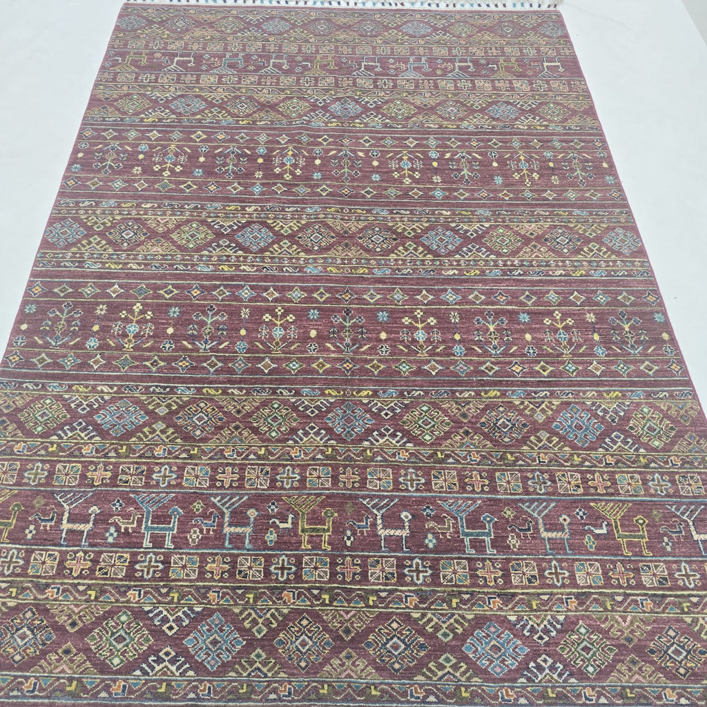 5.5x8 Red Khurjeen Rainbow Area Rug | Handmade Wool & Cotton Rug