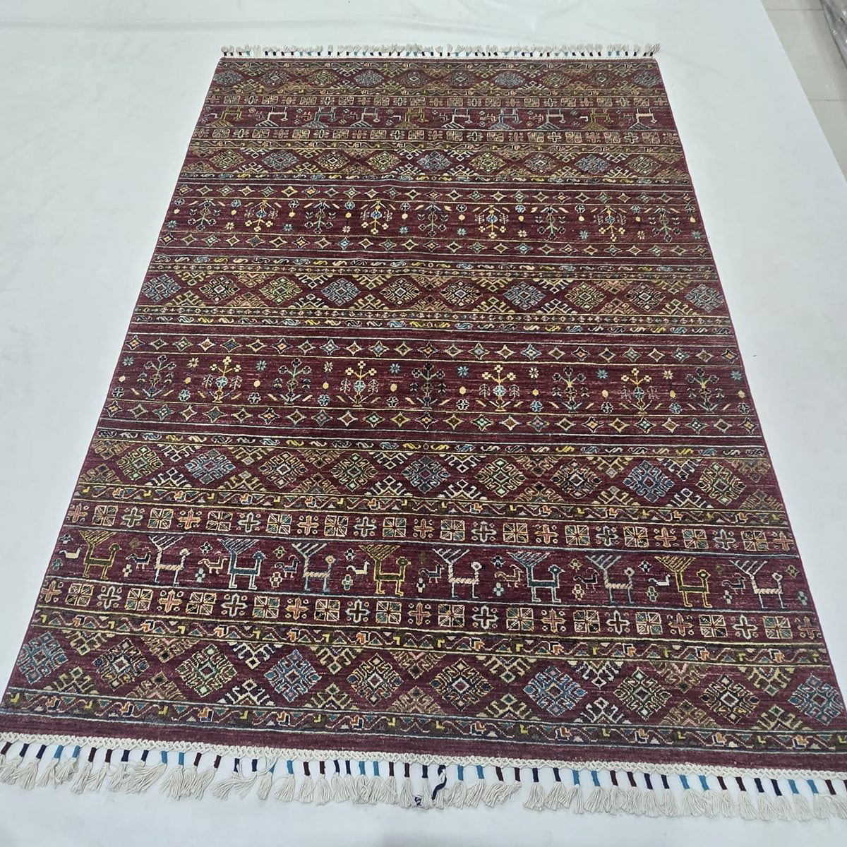 5.5x8 red Khurjeen rainbow handmade wool and cotton area rug with vegetable dyeing