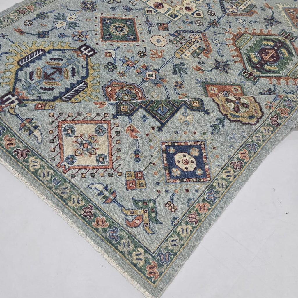5.5x8 Blue Heriz Floral Area Rug | Handmade Wool & Cotton Rug