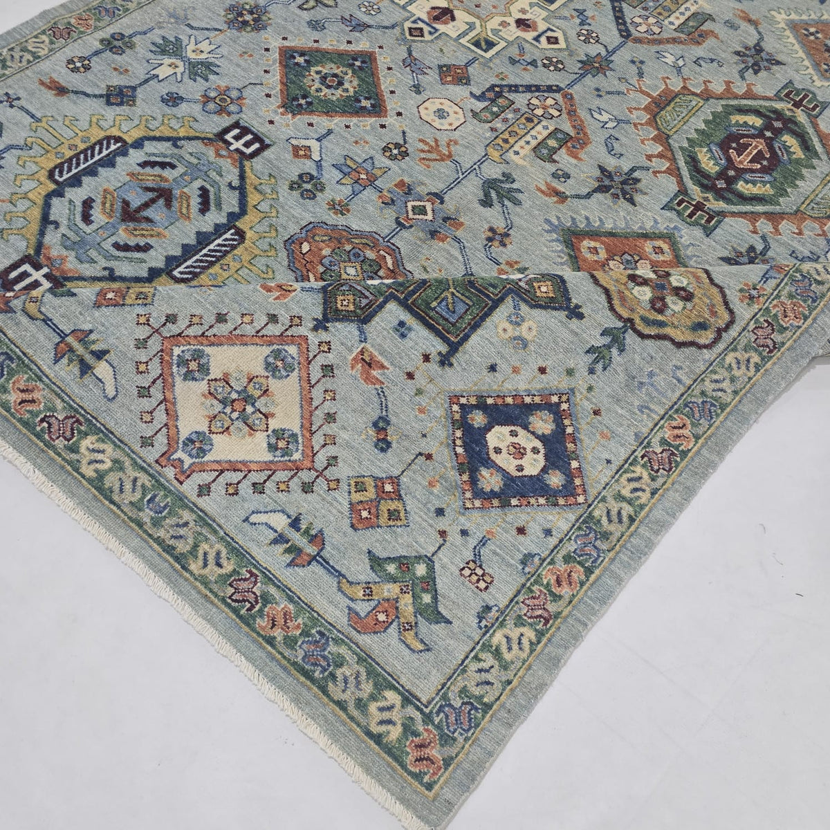 5.5x8 Blue Heriz Floral Area Rug | Handmade Wool & Cotton Rug
