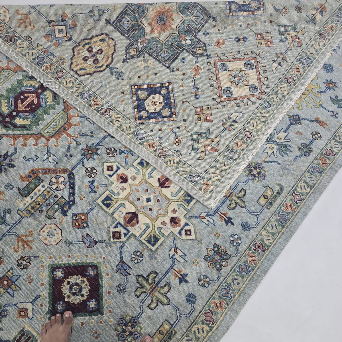 5.5x8 Blue Heriz Floral Area Rug | Handmade Wool & Cotton Rug