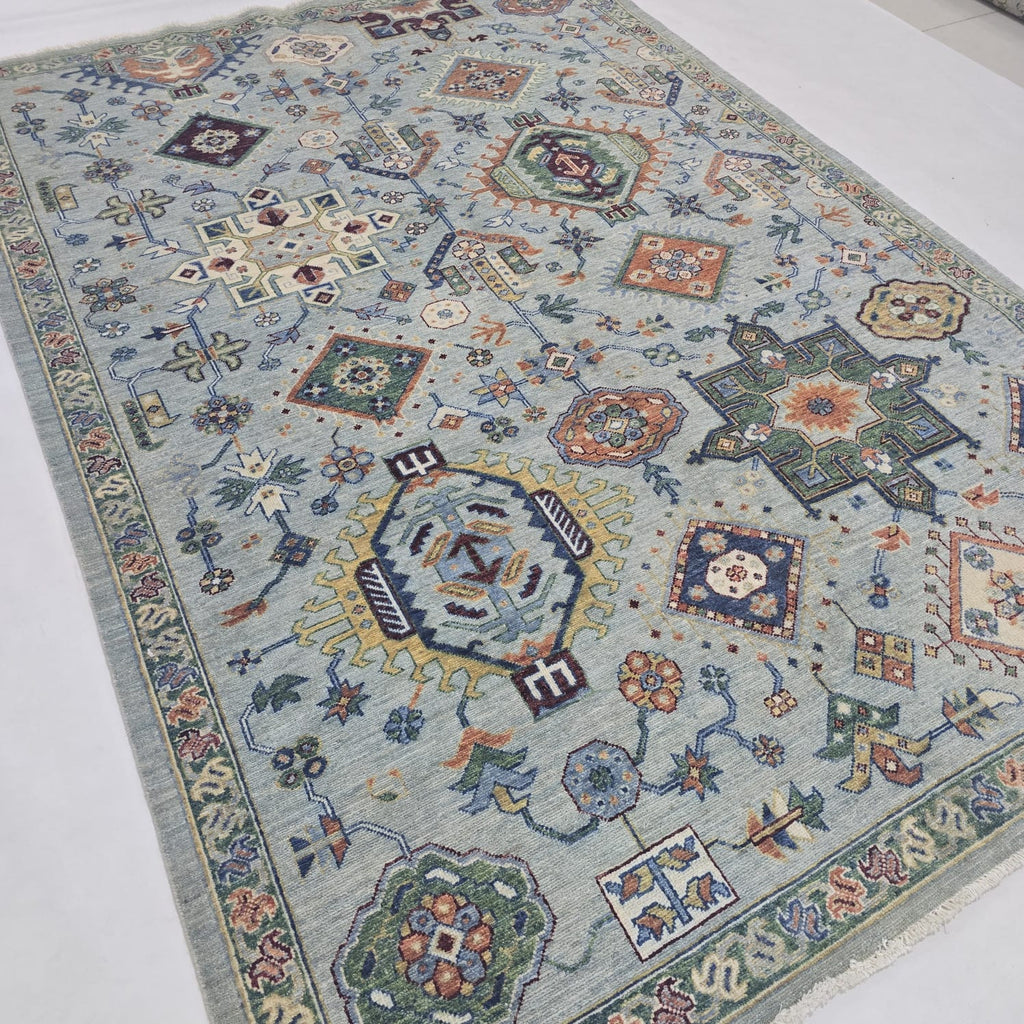 5.5x8 Blue Heriz Floral Area Rug | Handmade Wool & Cotton Rug