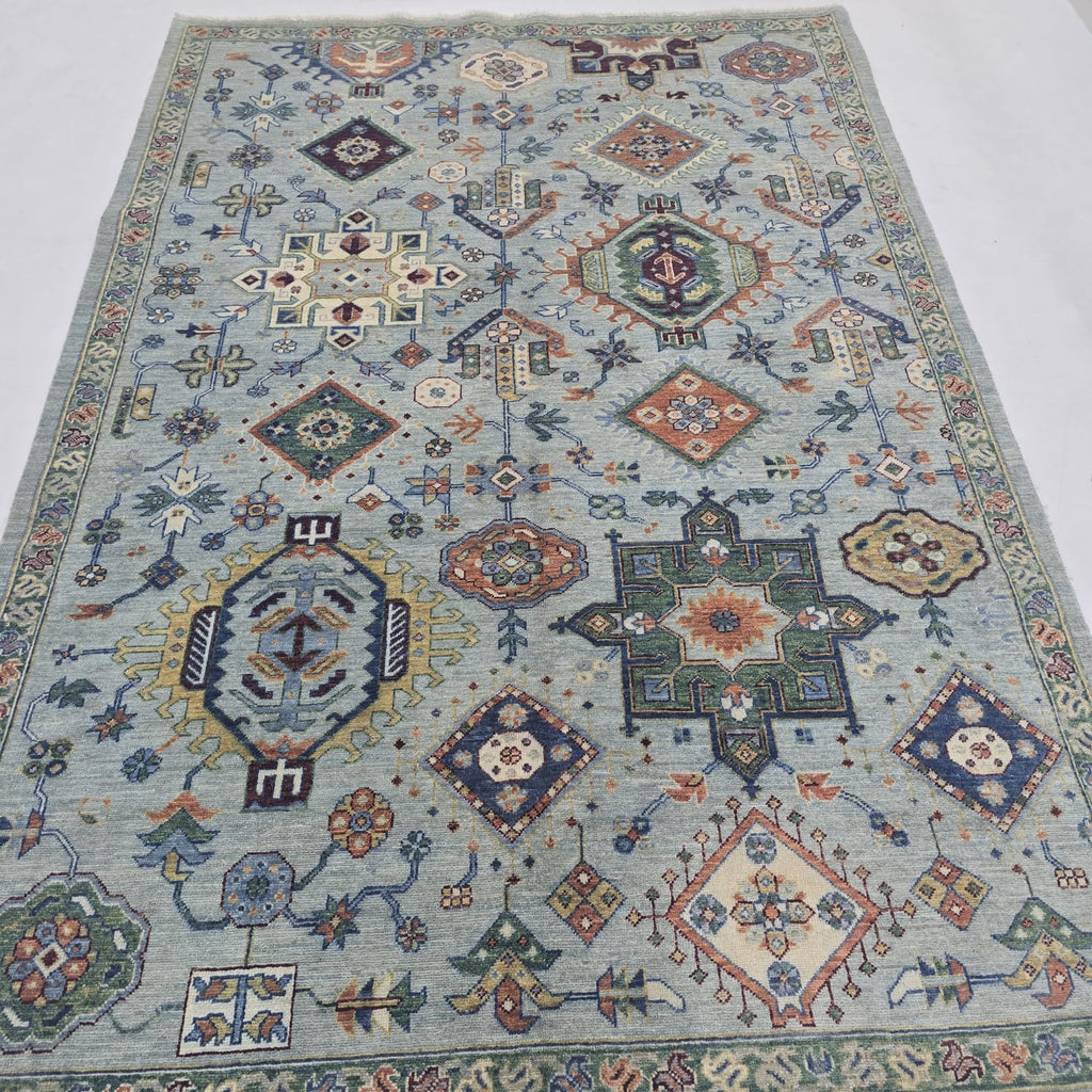 5.5x8 Blue Heriz Floral Area Rug | Handmade Wool & Cotton Rug
