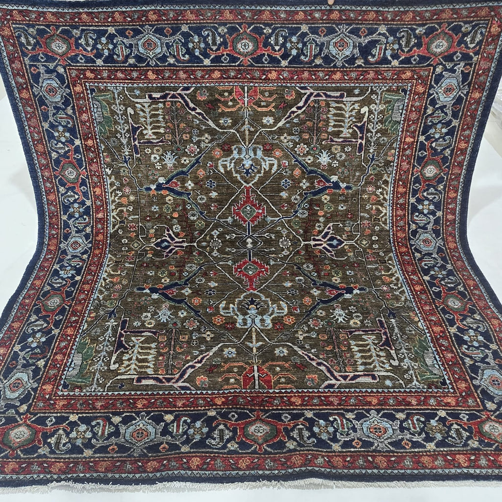 6x6 Brown Chobi Floral Area Rug | Handmade Wool & Cotton Rug