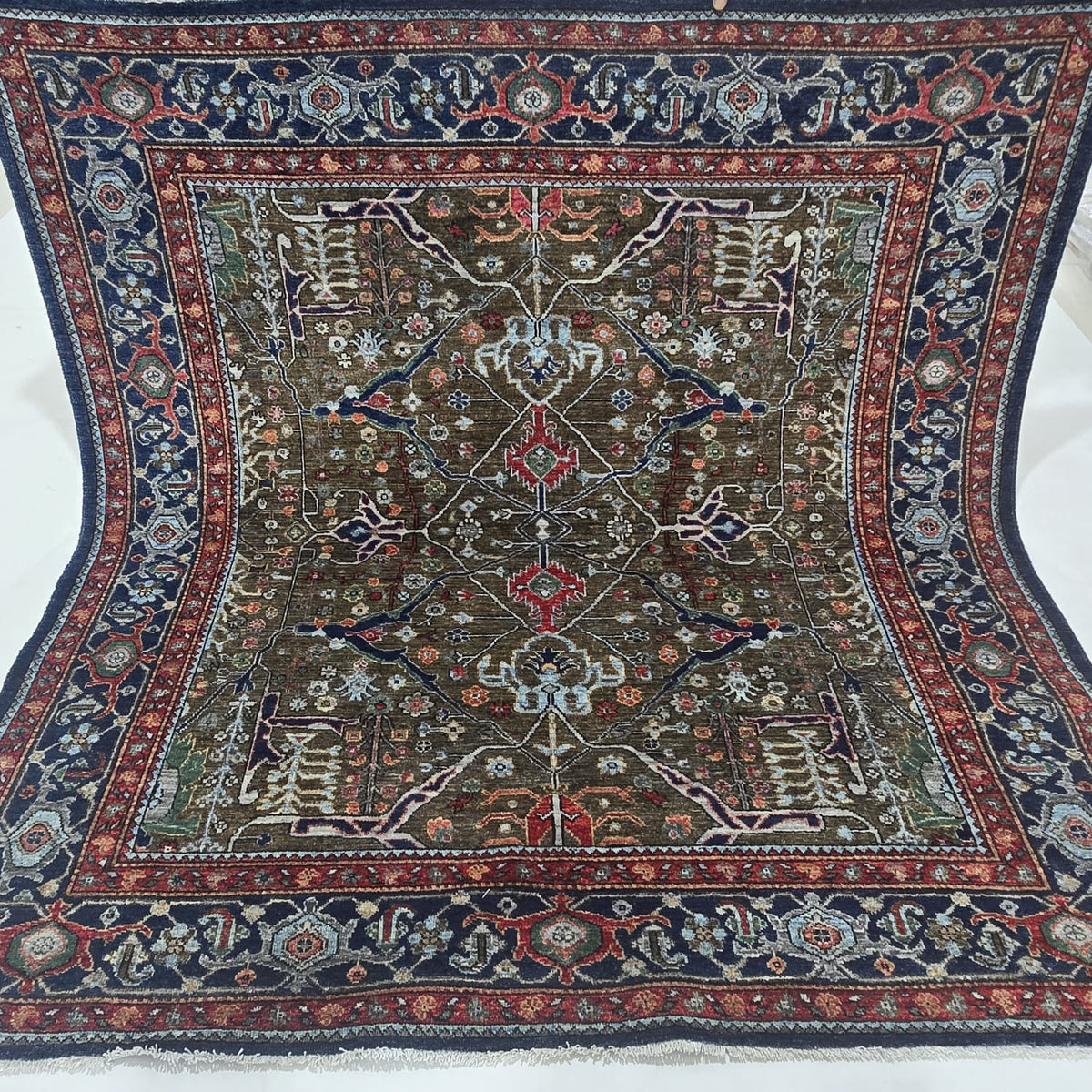 6x6 Brown Chobi Floral Area Rug | Handmade Wool & Cotton Rug