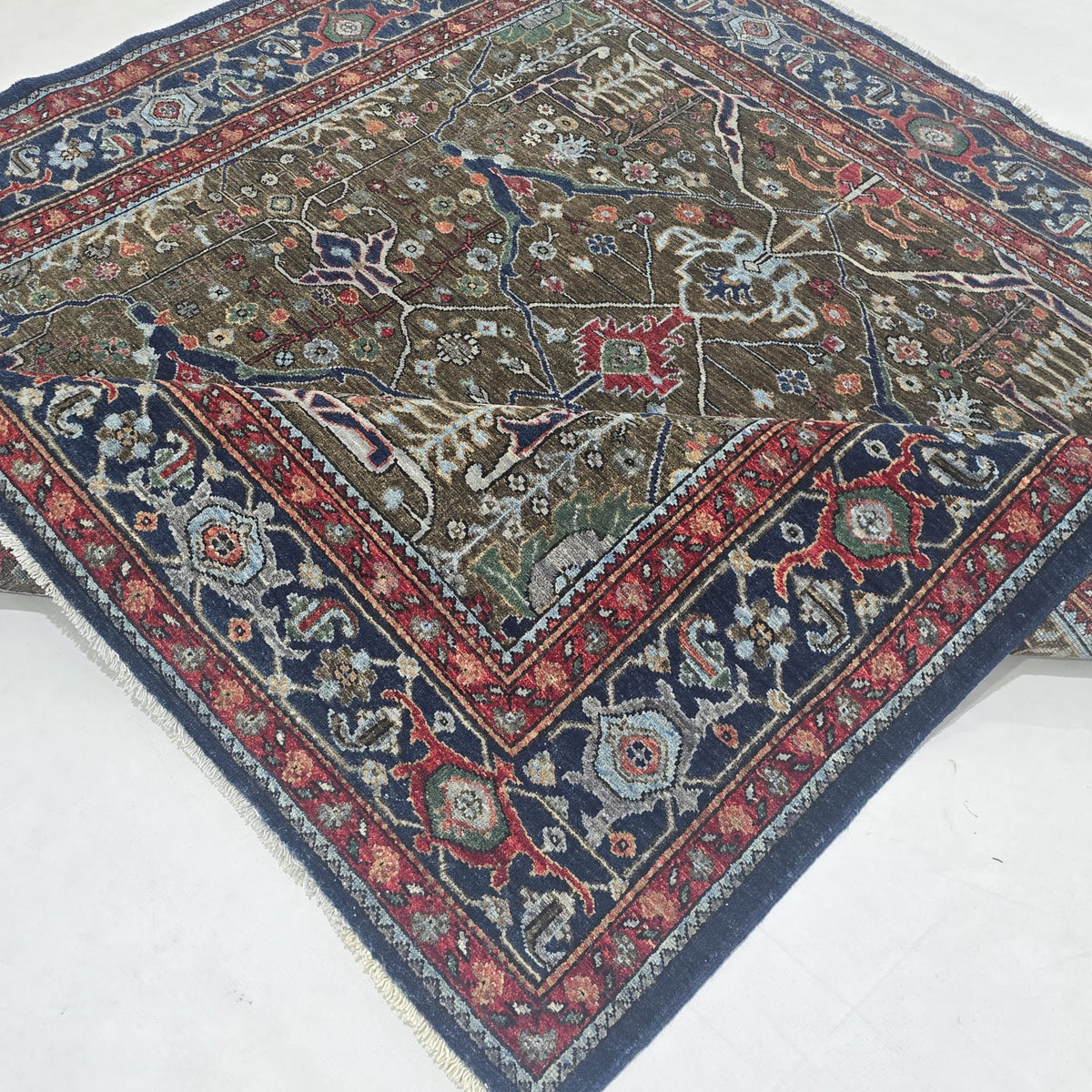6x6 Brown Chobi Floral Area Rug | Handmade Wool & Cotton Rug