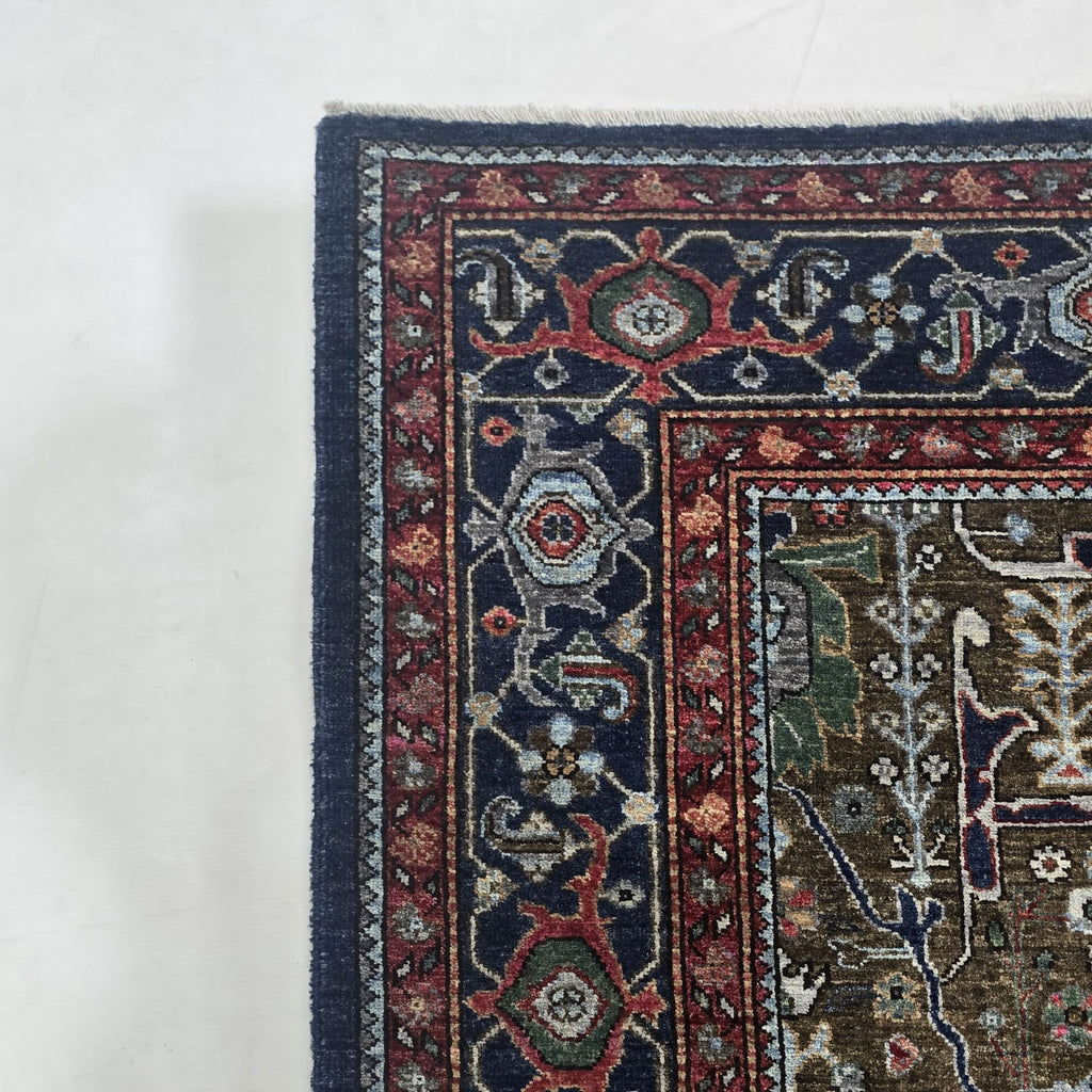 6x6 Brown Chobi Floral Area Rug | Handmade Wool & Cotton Rug