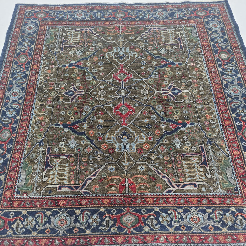 6x6 Brown Chobi Floral Area Rug | Handmade Wool & Cotton Rug