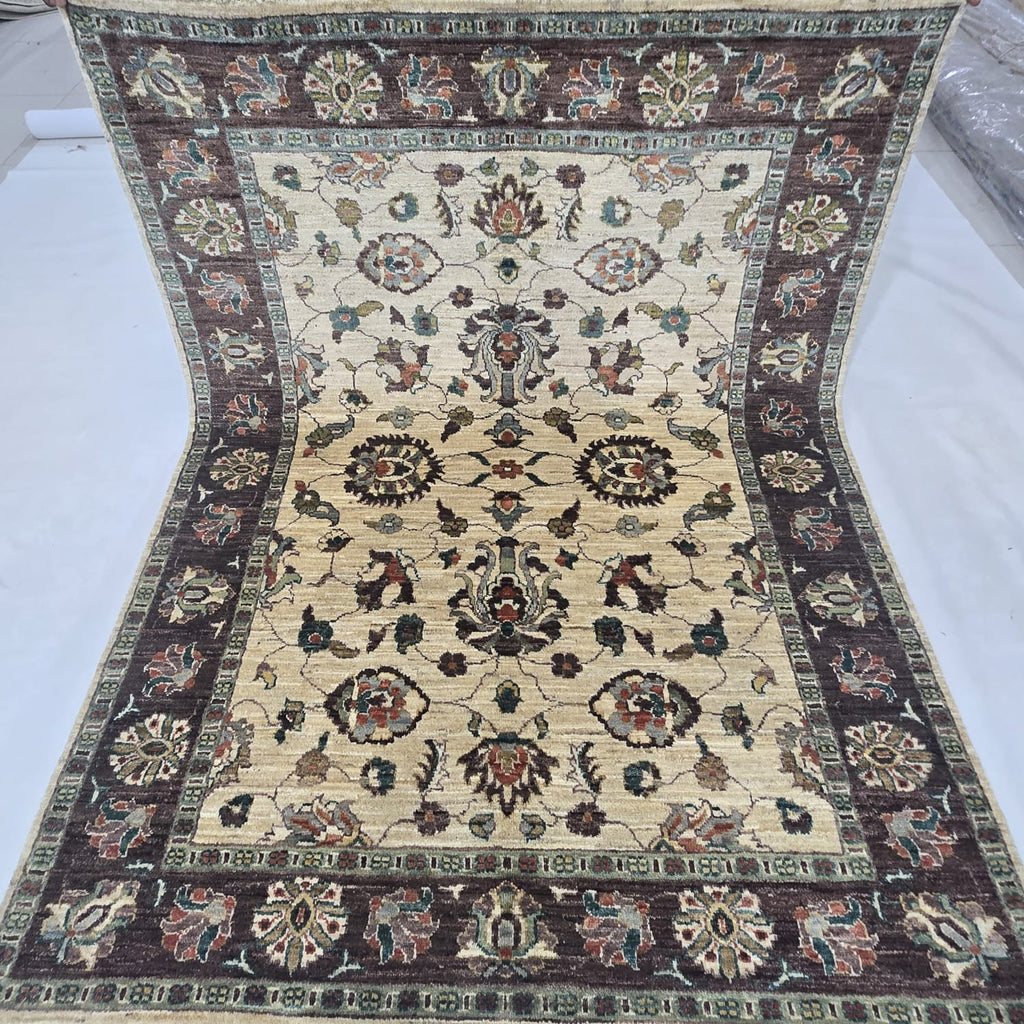 5x6.5 beige Chobi floral handmade wool and cotton area rug with vegetable dyeing