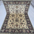 5x6.5 beige Chobi floral handmade wool and cotton area rug with vegetable dyeing