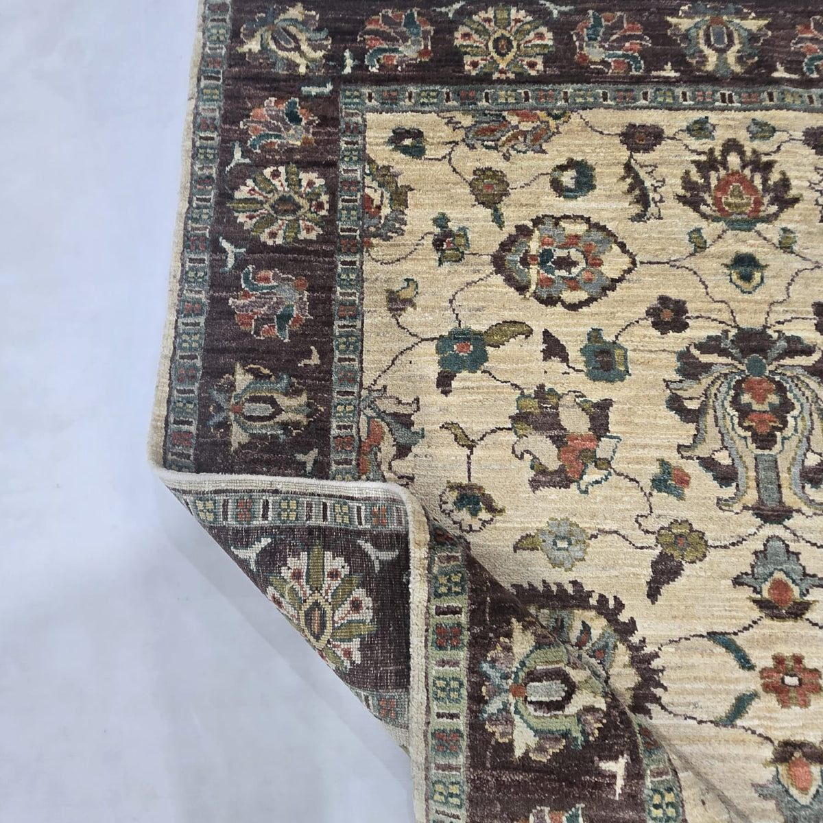 5x6.5 Beige Chobi Floral Area Rug | Handmade Wool & Cotton Rug