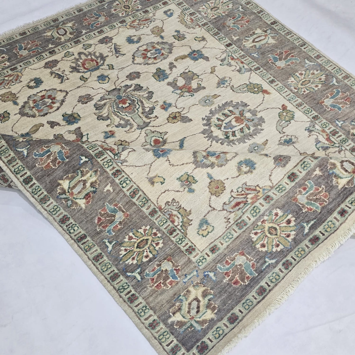 5x6 Beige Chobi Floral Area Rug | Handmade Wool & Cotton Rug