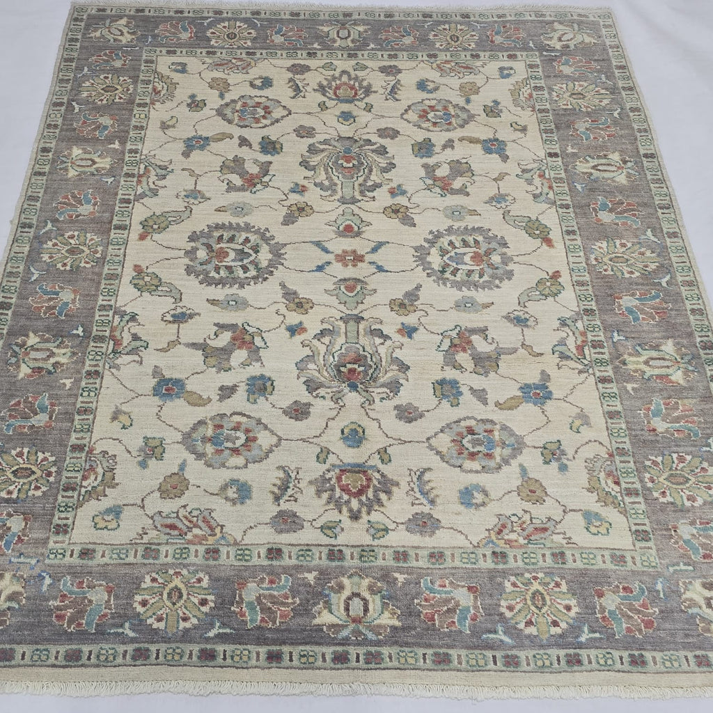 5x6 beige Chobi floral handmade wool and cotton area rug with vegetable dyeing
