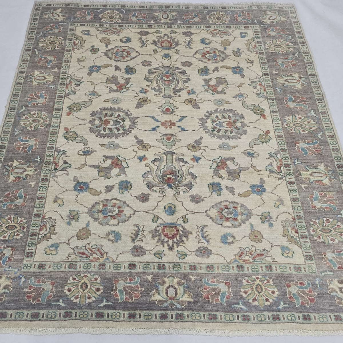 5x6 beige Chobi floral handmade wool and cotton area rug with vegetable dyeing