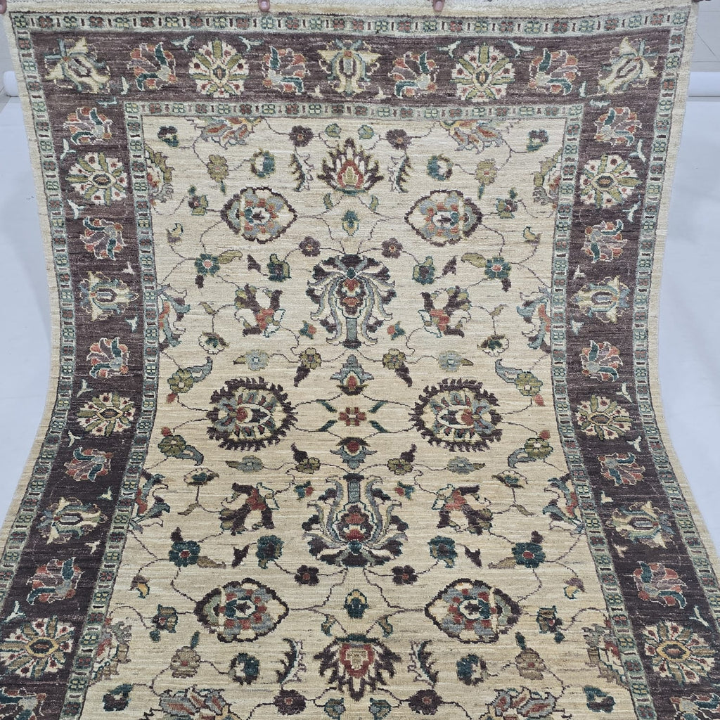 5x6.5 beige Chobi floral handmade wool and cotton area rug with vegetable dyeing