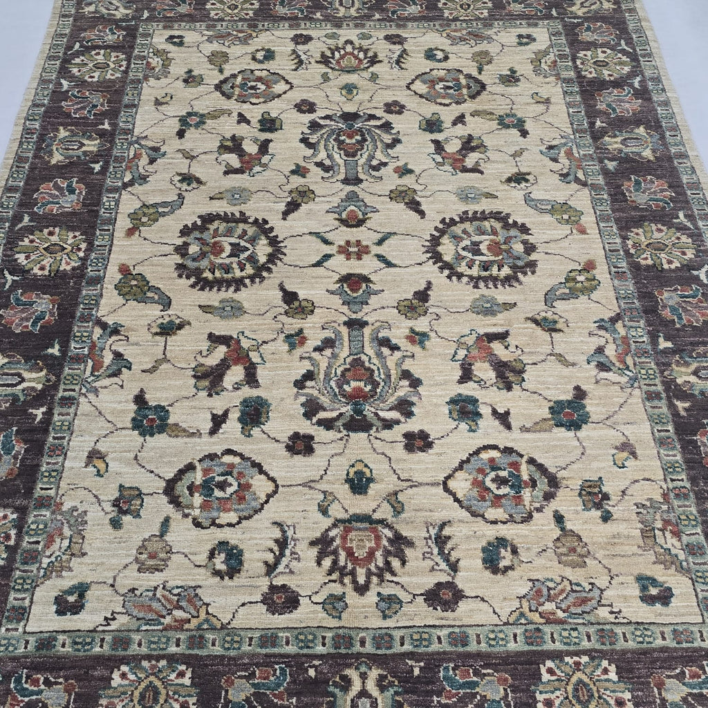 5x6.5 Beige Chobi Floral Area Rug | Handmade Wool & Cotton Rug