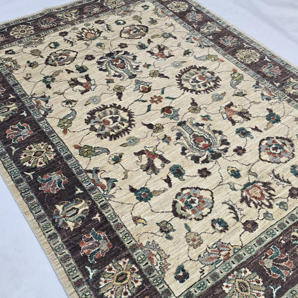 5x6.5 Beige Chobi Floral Area Rug | Handmade Wool & Cotton Rug