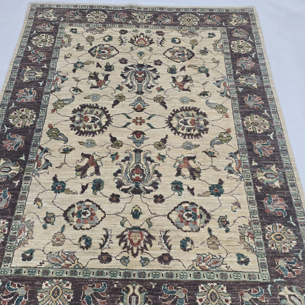 5x6.5 Beige Chobi Floral Area Rug | Handmade Wool & Cotton Rug