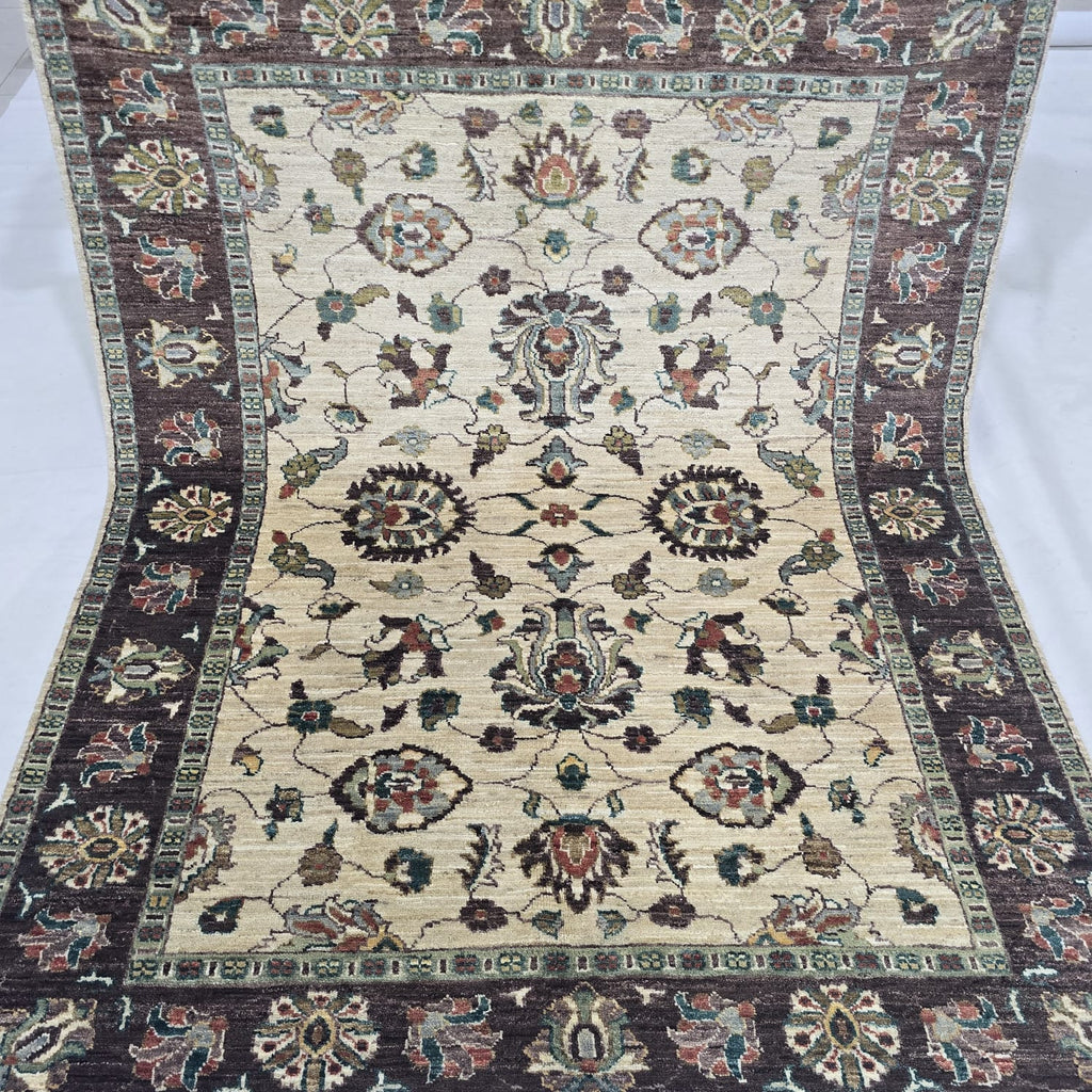 5x6.5 Beige Chobi Floral Area Rug | Handmade Wool & Cotton Rug