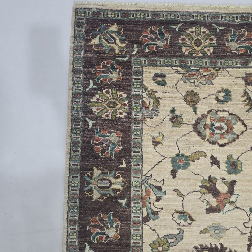 5x6.5 Beige Chobi Floral Area Rug | Handmade Wool & Cotton Rug