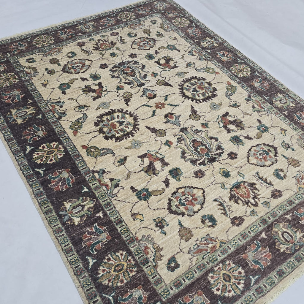 5x6.5 Beige Chobi Floral Area Rug | Handmade Wool & Cotton Rug