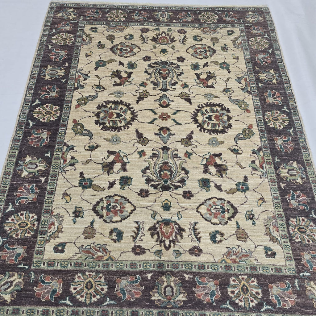 5x6.5 Beige Chobi Floral Area Rug | Handmade Wool & Cotton Rug