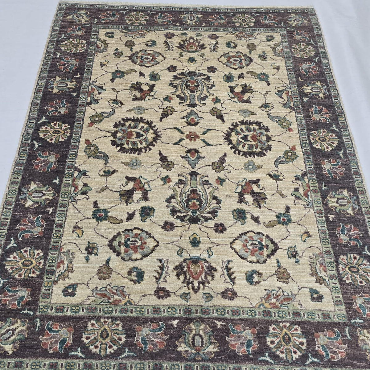 5x6.5 Beige Chobi Floral Area Rug | Handmade Wool & Cotton Rug