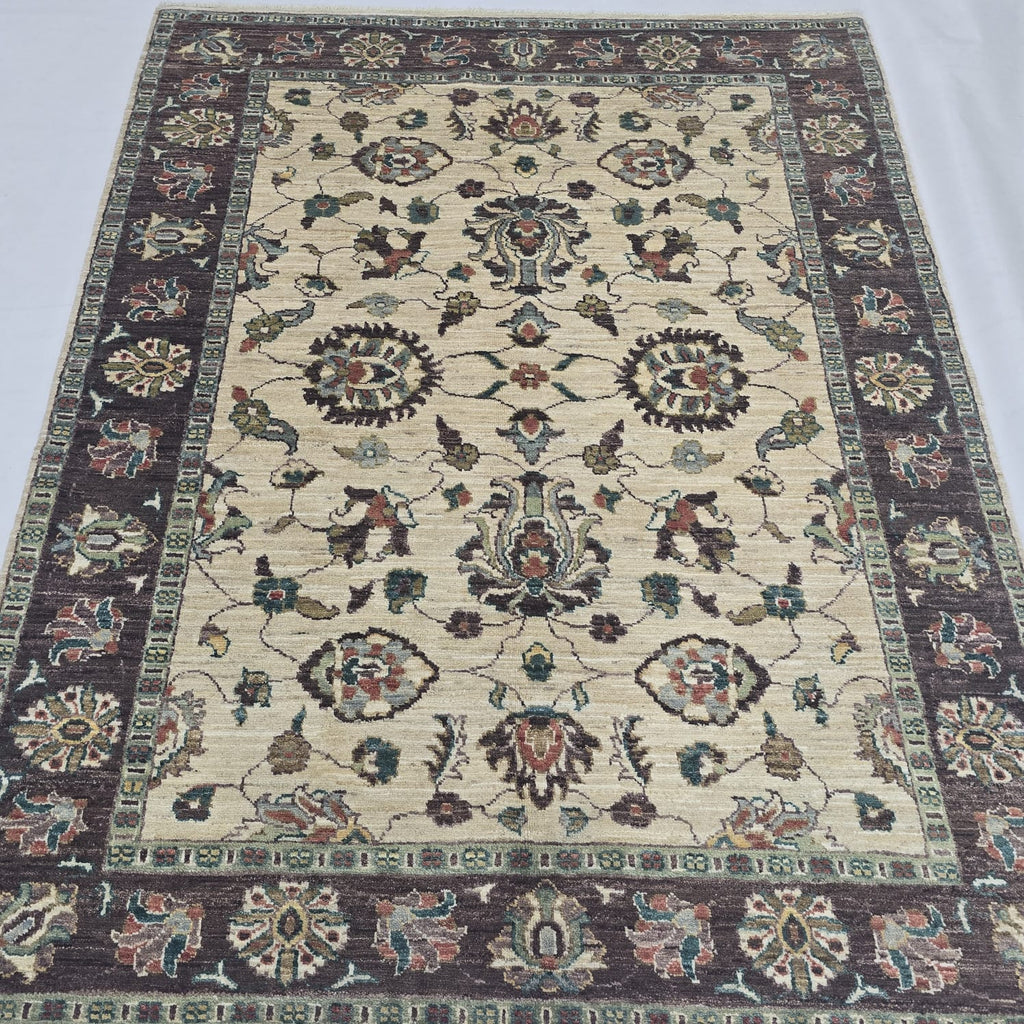5x6.5 Beige Chobi Floral Area Rug | Handmade Wool & Cotton Rug