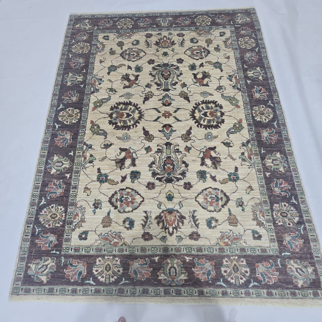 5x6.5 Beige Chobi Floral Area Rug | Handmade Wool & Cotton Rug
