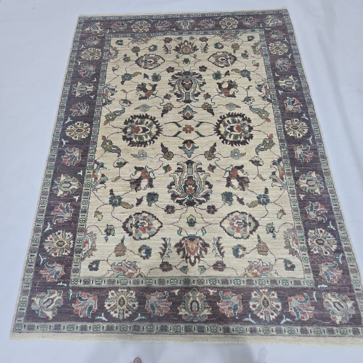 5x6.5 Beige Chobi Floral Area Rug | Handmade Wool & Cotton Rug