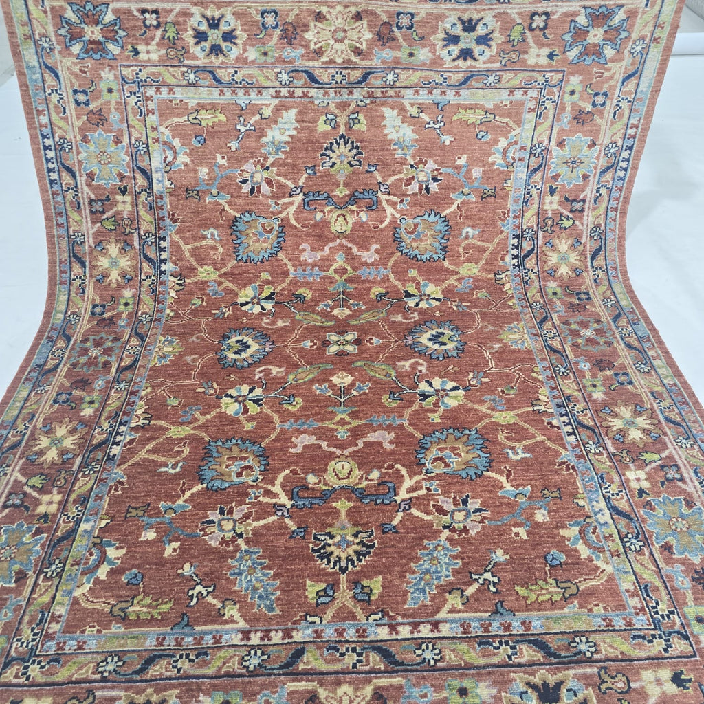 5x6.5 Orange Chobi Floral Area Rug | Handmade Wool & Cotton Rug