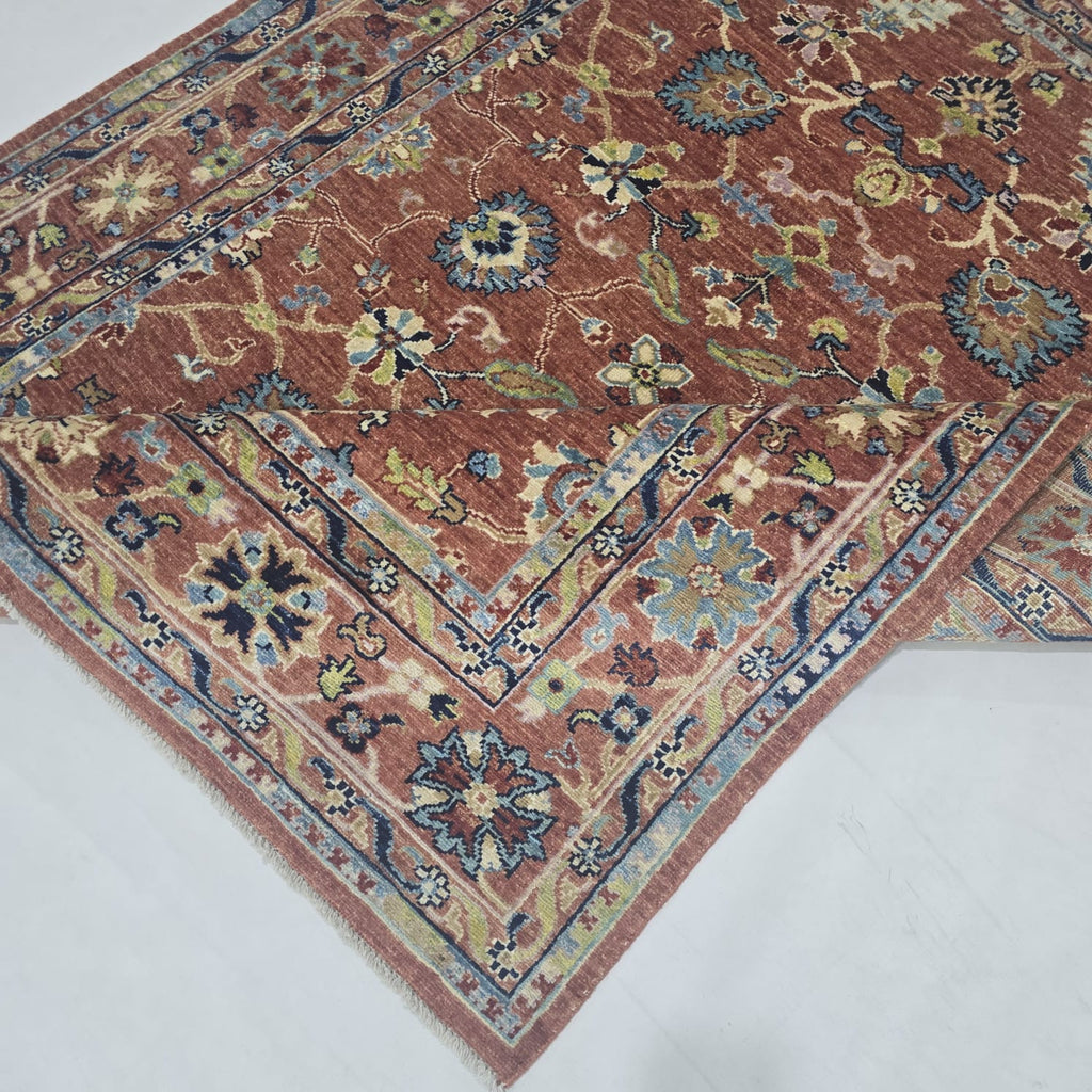 5x6.5 Orange Chobi Floral Area Rug | Handmade Wool & Cotton Rug