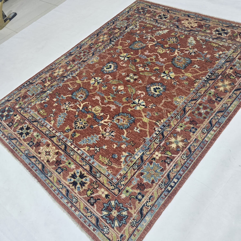 5x6.5 Orange Chobi Floral Area Rug | Handmade Wool & Cotton Rug