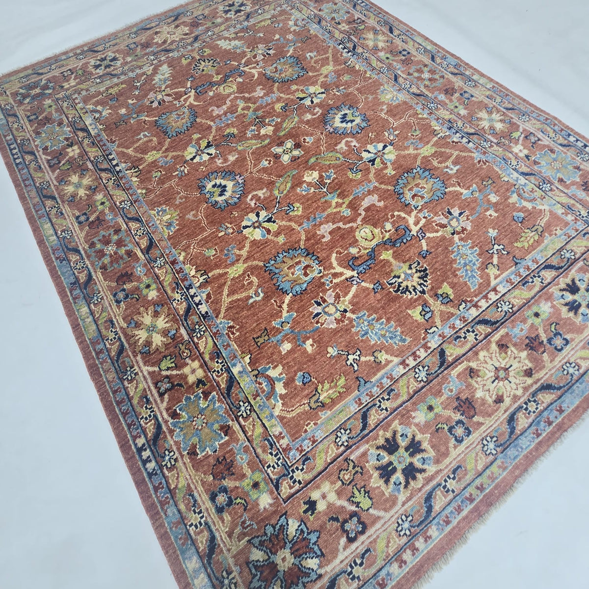 5x6.5 Orange Chobi Floral Area Rug | Handmade Wool & Cotton Rug
