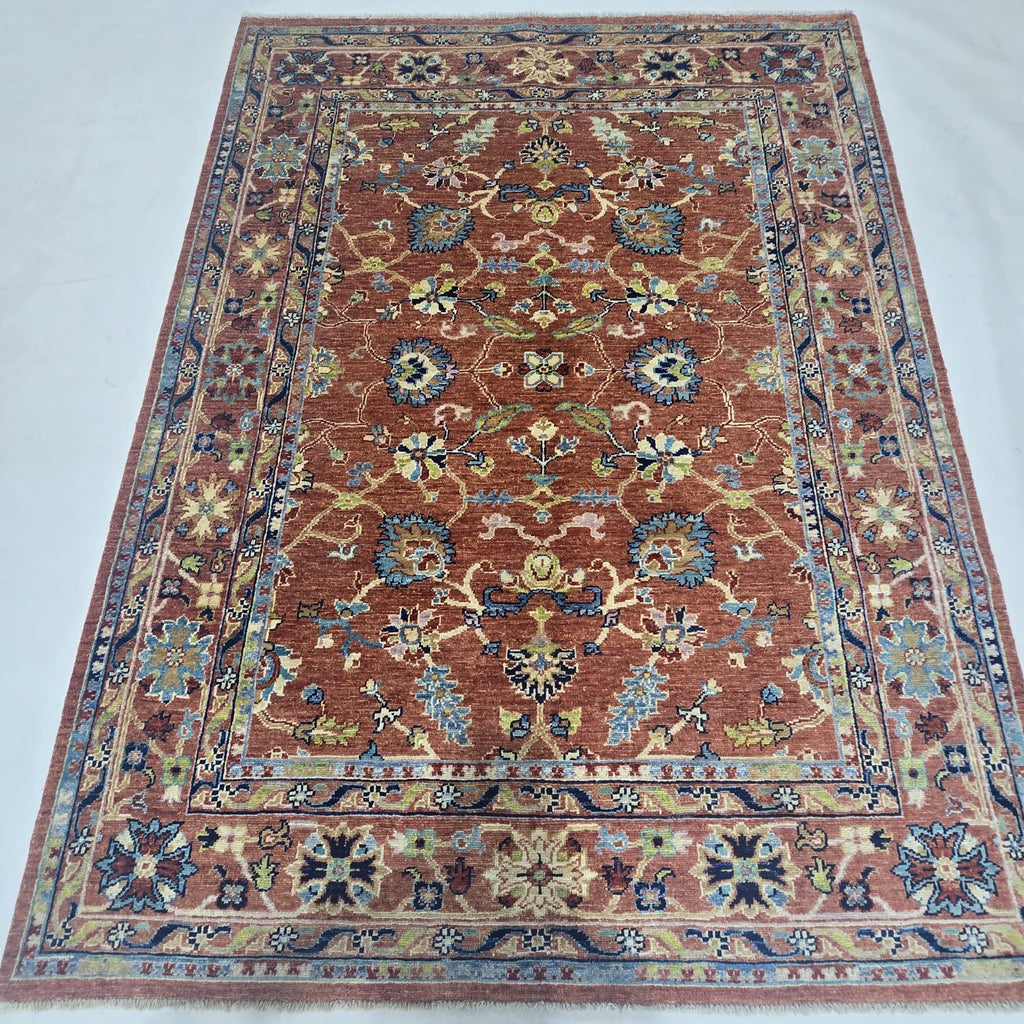 5x6.5 orange Chobi floral handmade wool and cotton area rug with vegetable dyeing