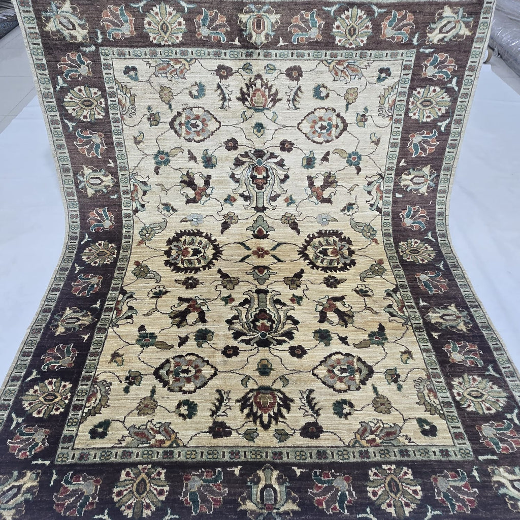 5x6.5 Beige Chobi Floral Area Rug | Handmade Wool & Cotton Rug