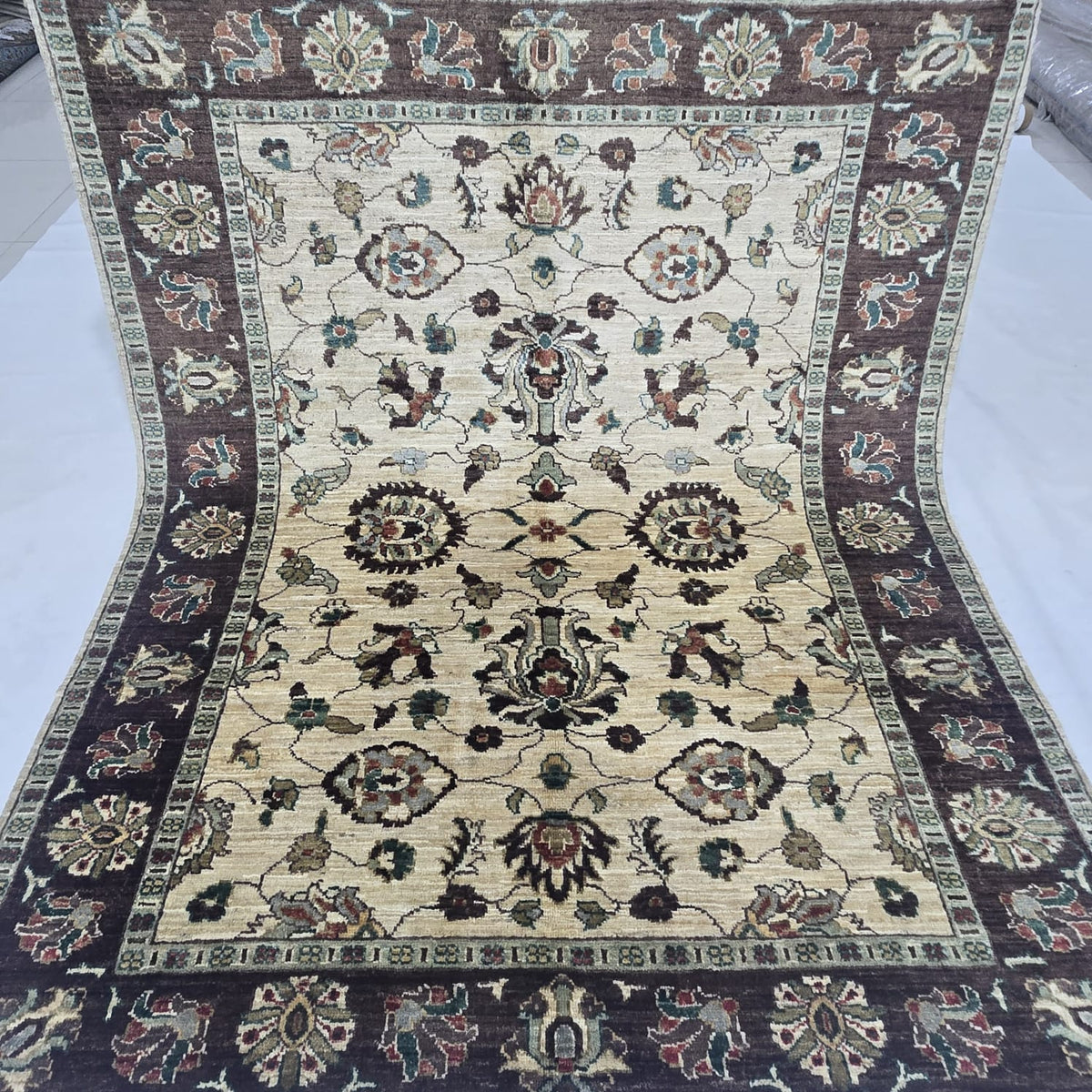 5x6.5 Beige Chobi Floral Area Rug | Handmade Wool & Cotton Rug