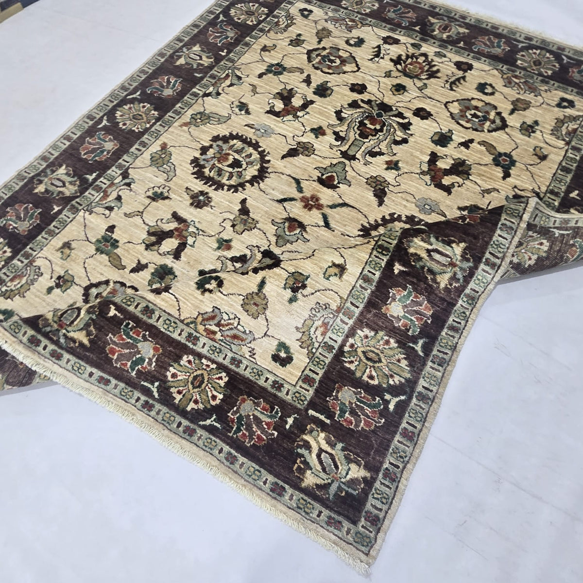 5x6.5 Beige Chobi Floral Area Rug | Handmade Wool & Cotton Rug