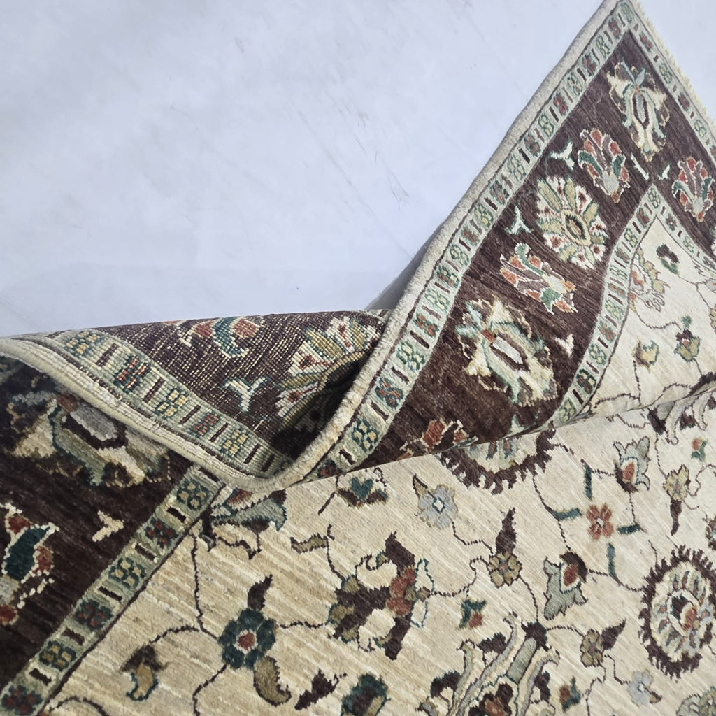 5x6.5 Beige Chobi Floral Area Rug | Handmade Wool & Cotton Rug