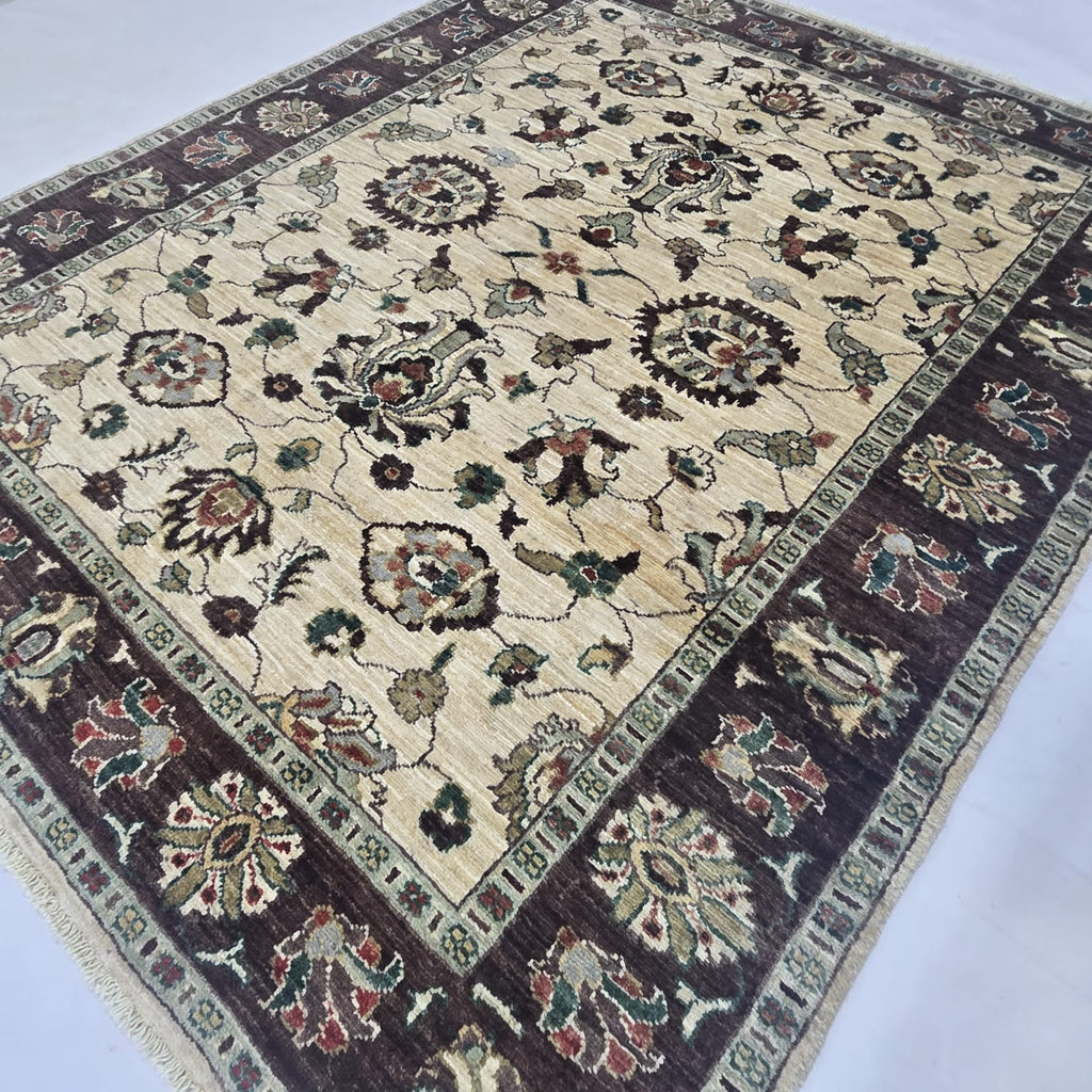 5x6.5 Beige Chobi Floral Area Rug | Handmade Wool & Cotton Rug
