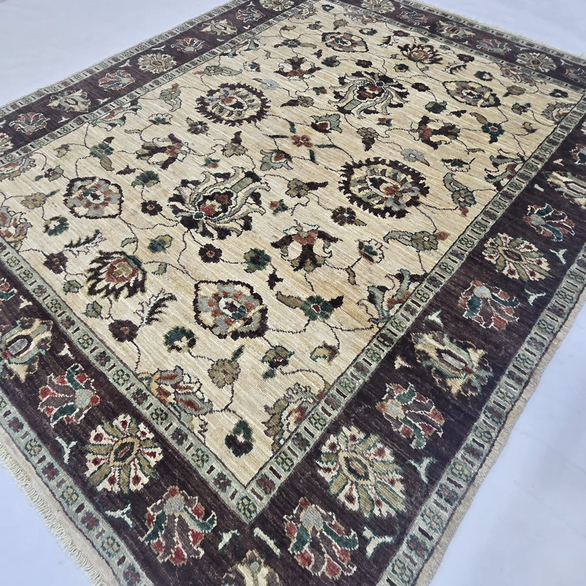 5x6.5 Beige Chobi Floral Area Rug | Handmade Wool & Cotton Rug