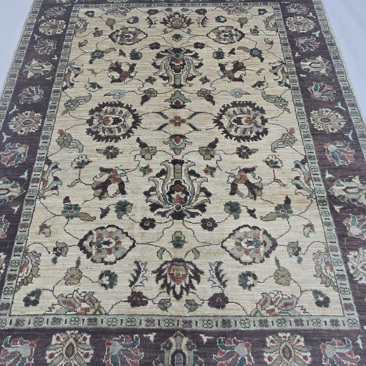 5x6.5 Beige Chobi Floral Area Rug | Handmade Wool & Cotton Rug