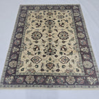 5x6.5 beige Chobi floral handmade wool and cotton area rug with vegetable dyeing