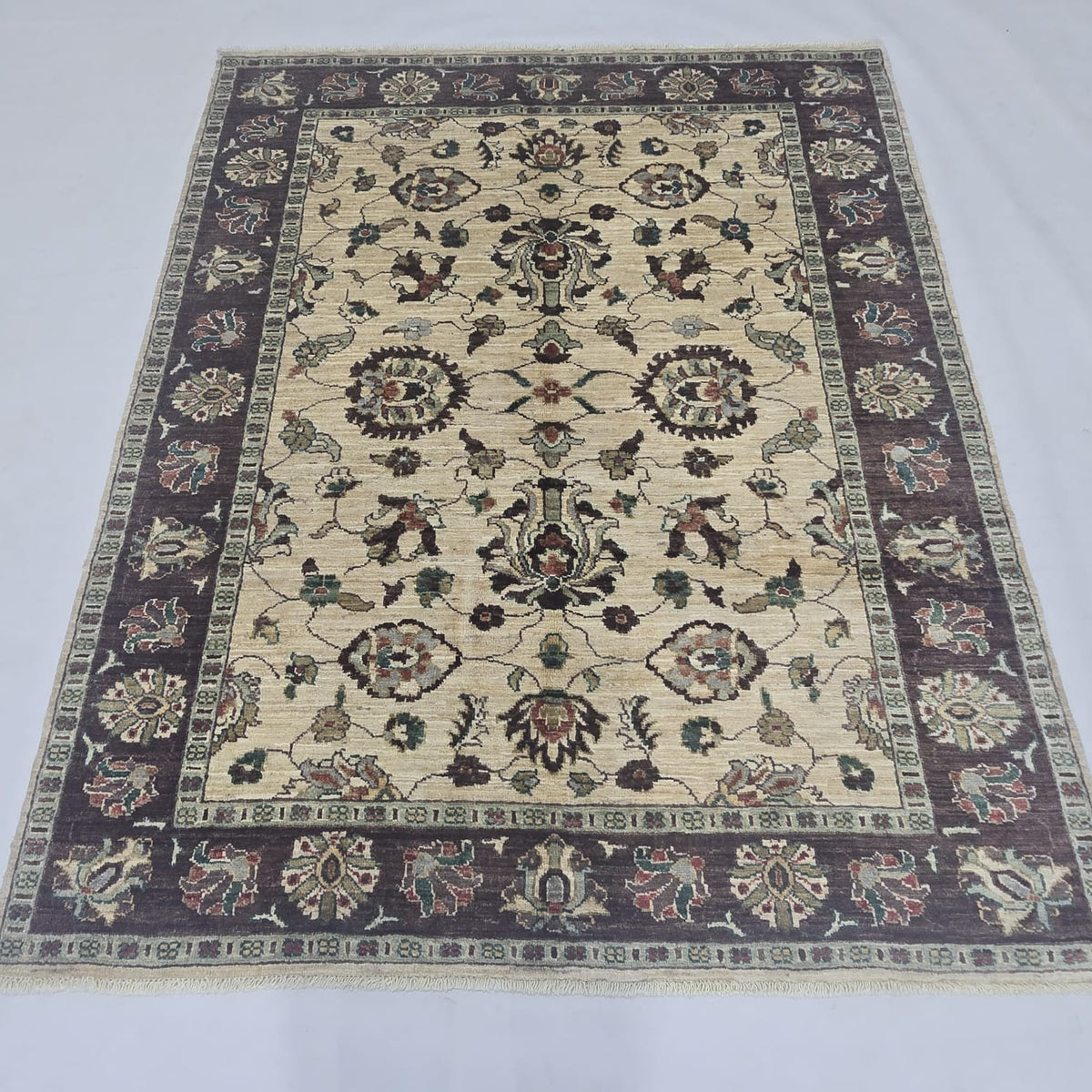5x6.5 beige Chobi floral handmade wool and cotton area rug with vegetable dyeing