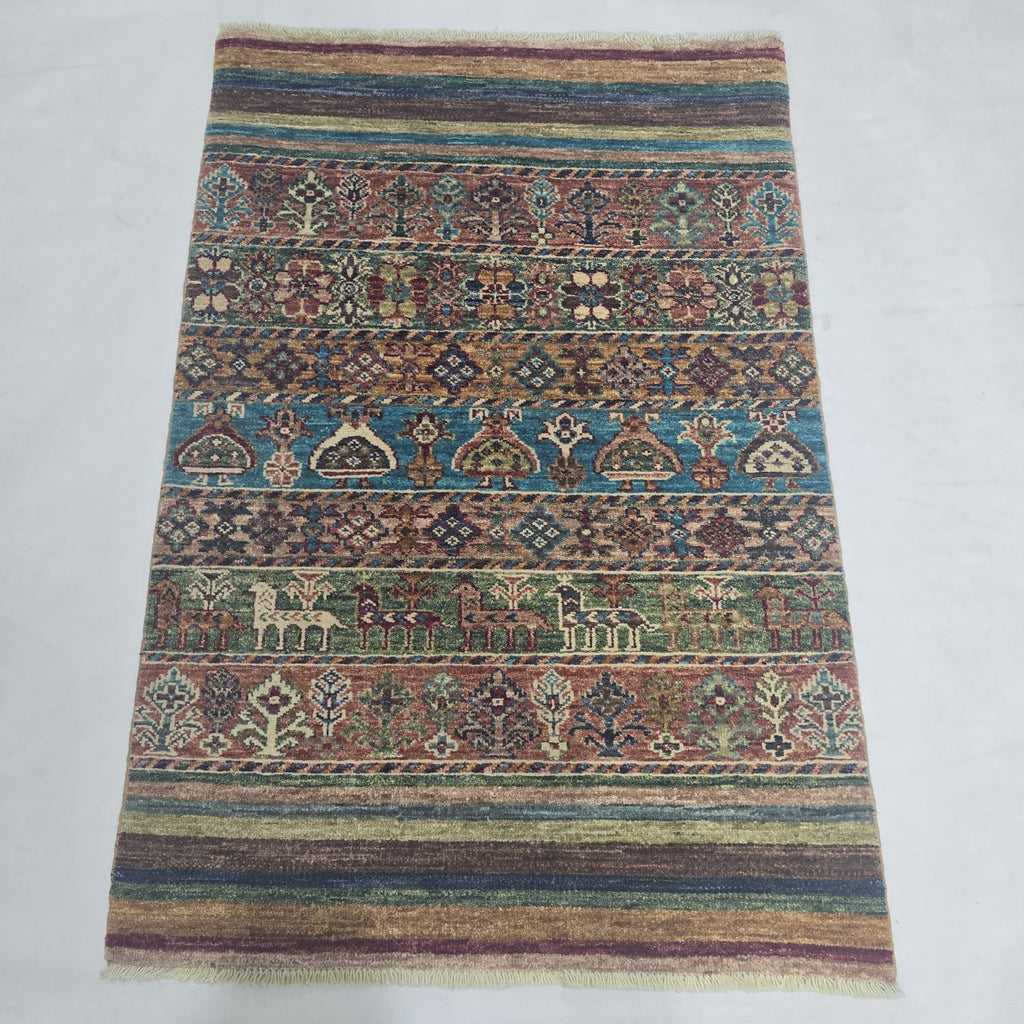 2.5x4 multi-color Khurjeen rainbow handmade wool and cotton area rug with vegetable dyeing