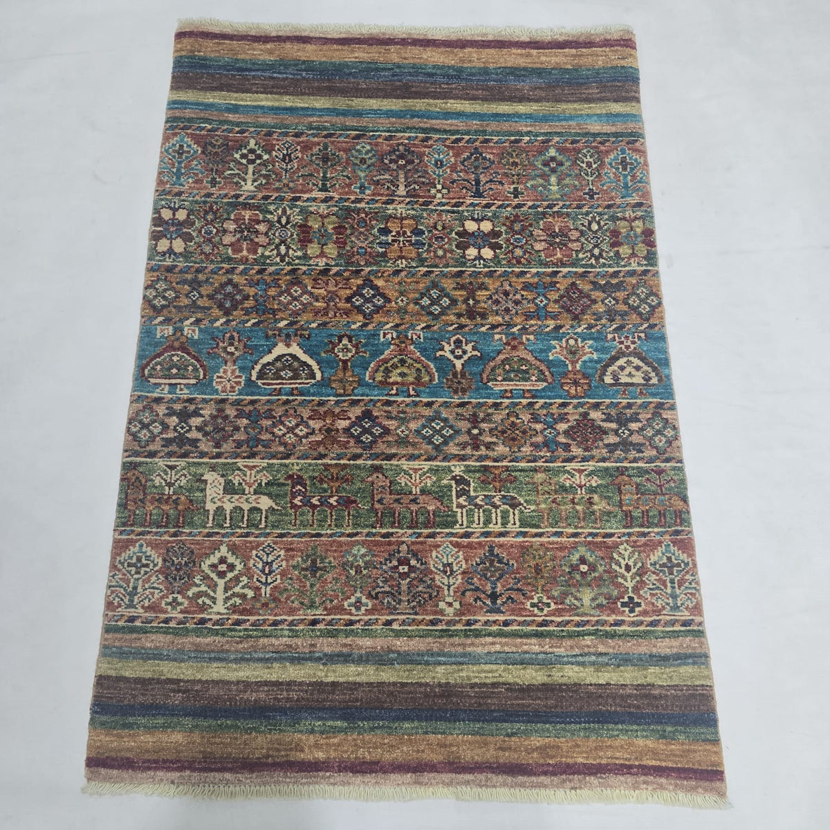 2.5x4 multi-color Khurjeen rainbow handmade wool and cotton area rug with vegetable dyeing