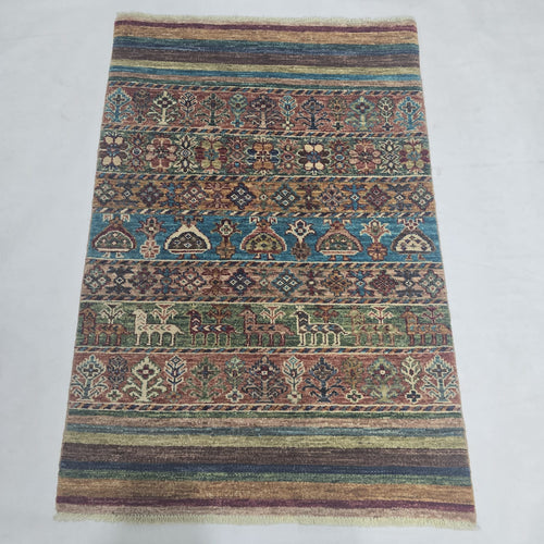 2.5x4 multi-color Khurjeen rainbow handmade wool and cotton area rug with vegetable dyeing